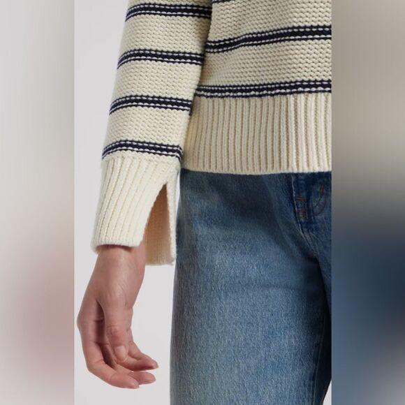 Madewell XL Bright Ivory Navy Stripes Reverse Knit Crewneck Sweater - Picture 4 of 16